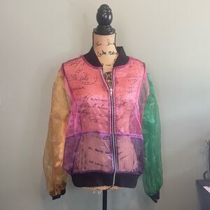 Taxi Womens Colorblock Zip Up Sheer Mesh Organza Bomber Jacket Multicolor Large
